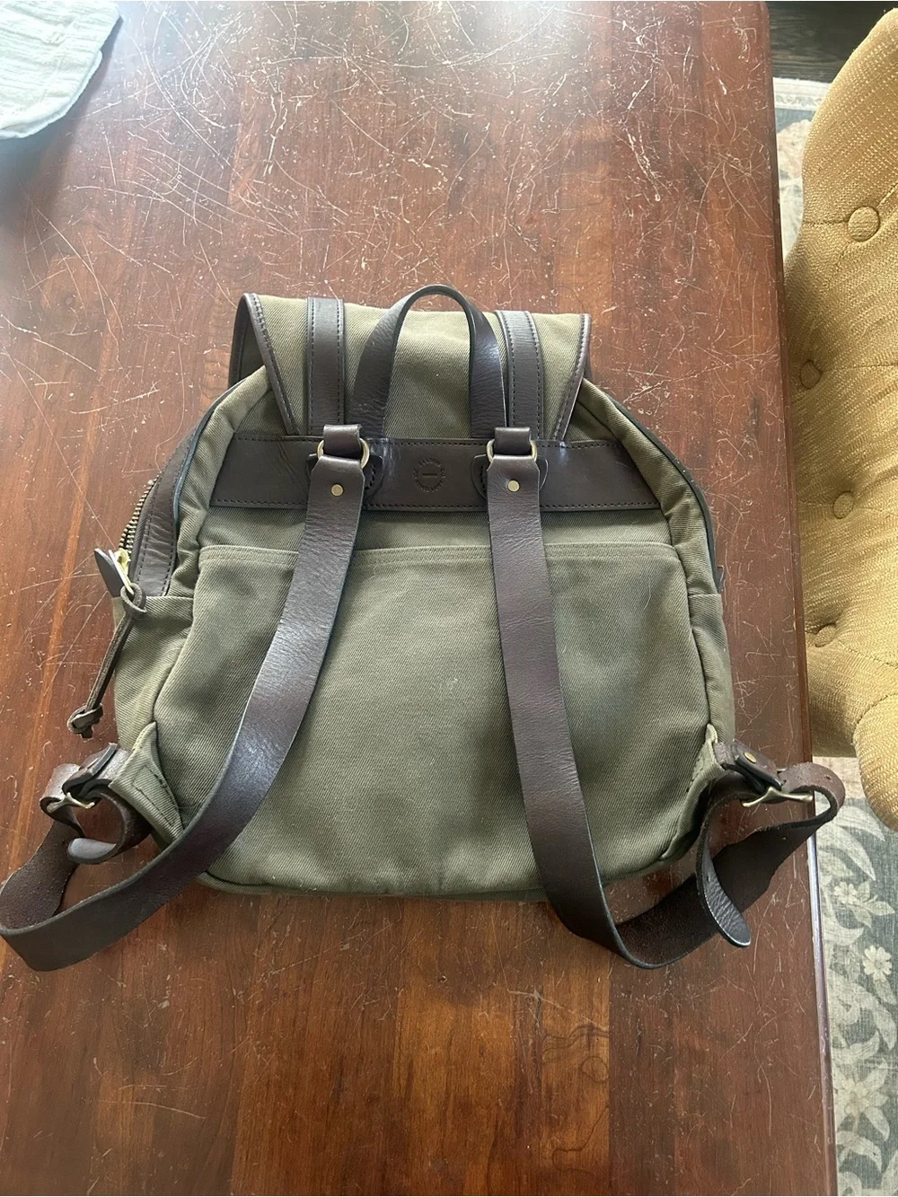 Filson Olive Green Canvas Backpack with Brown Leather Trim